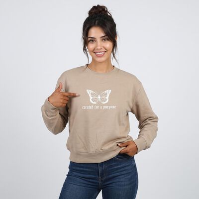 Women Beige Crew Neck Pullover Sweatshirt