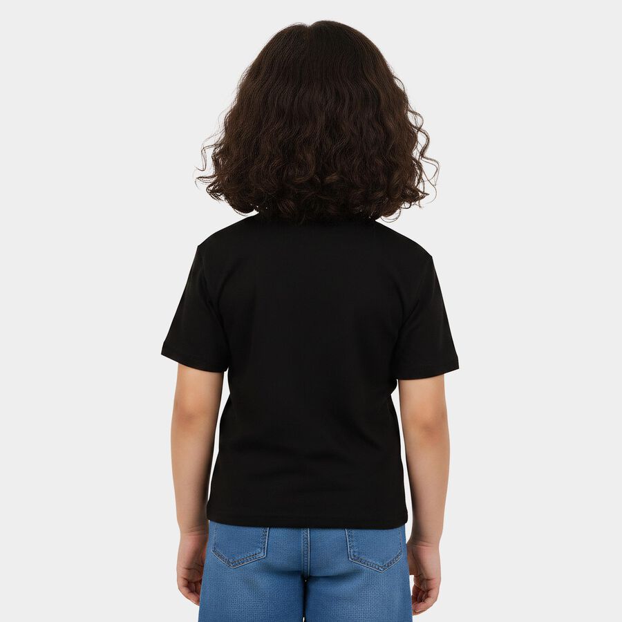Girls Black Round Neck Regular Graphic Print T-Shirt, काला, large