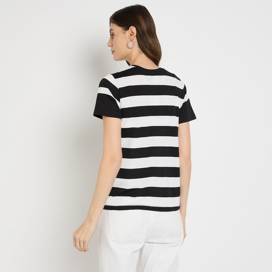 Ladies'  Stripes Round Neck T-Shirt, काला, large image number null