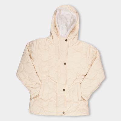 Girls Light Beige Hooded Casual Jacket
