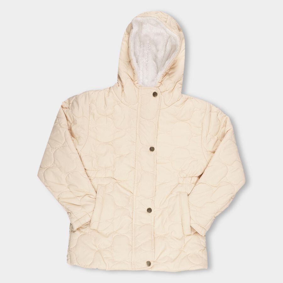 Girls Light Beige Hooded Casual Jacket, Beige, large image number null