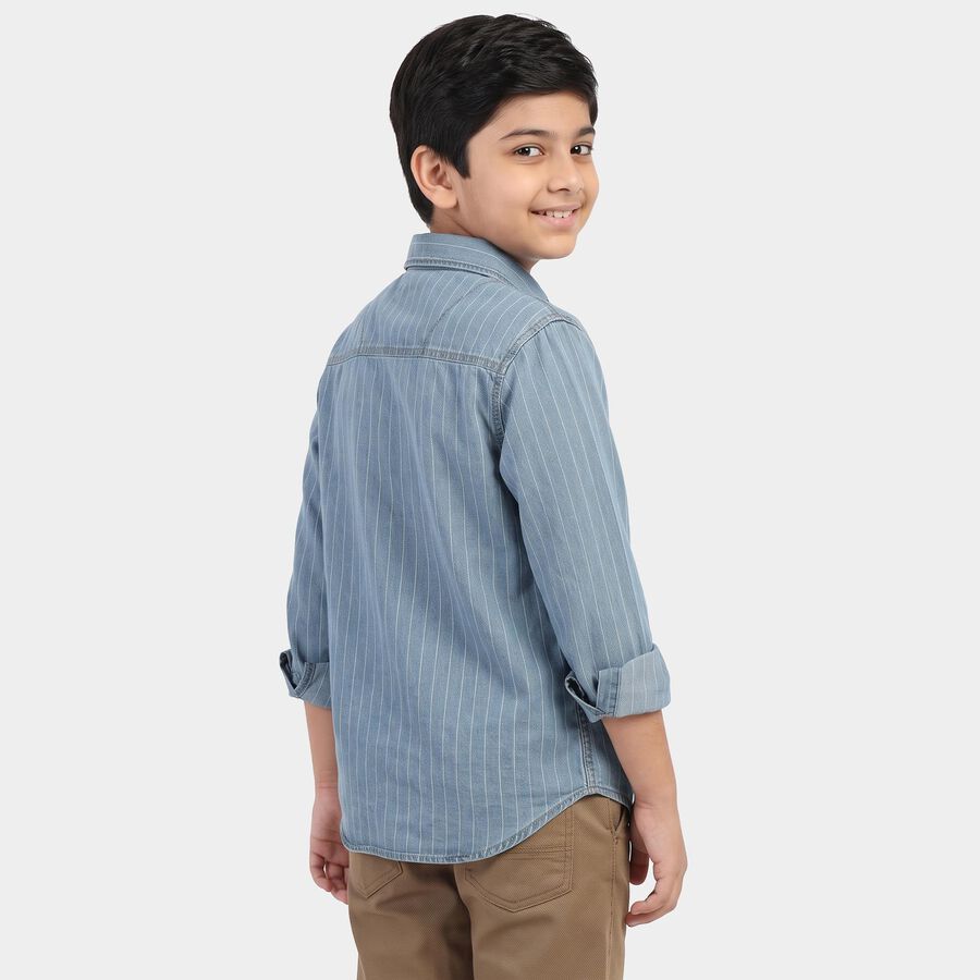 Boys' Blue Cotton Long Sleeve Collared Shirt, Mid Blue, large
