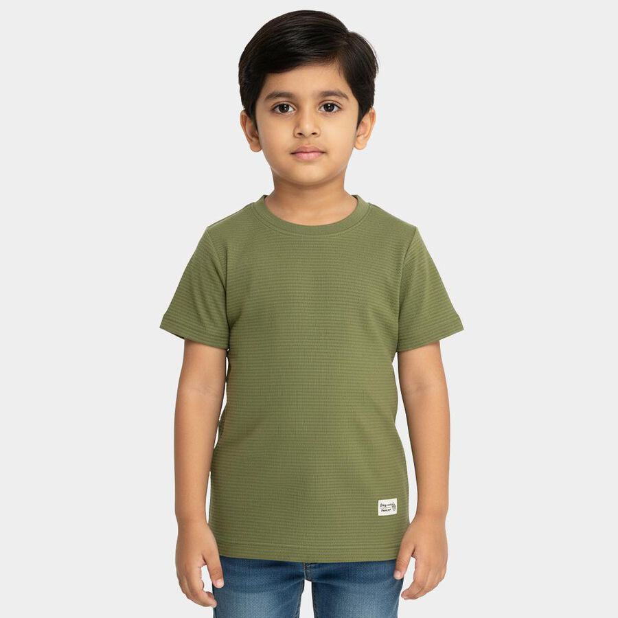 Boys Muted Olive Green Crew Neck Casual T-Shirt, ओलिव, large image number null