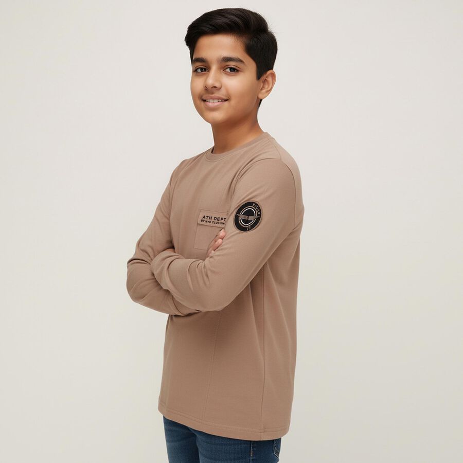 Boys Muted Beige Round Neck Casual T-Shirt, गहरा पीला, large image number null