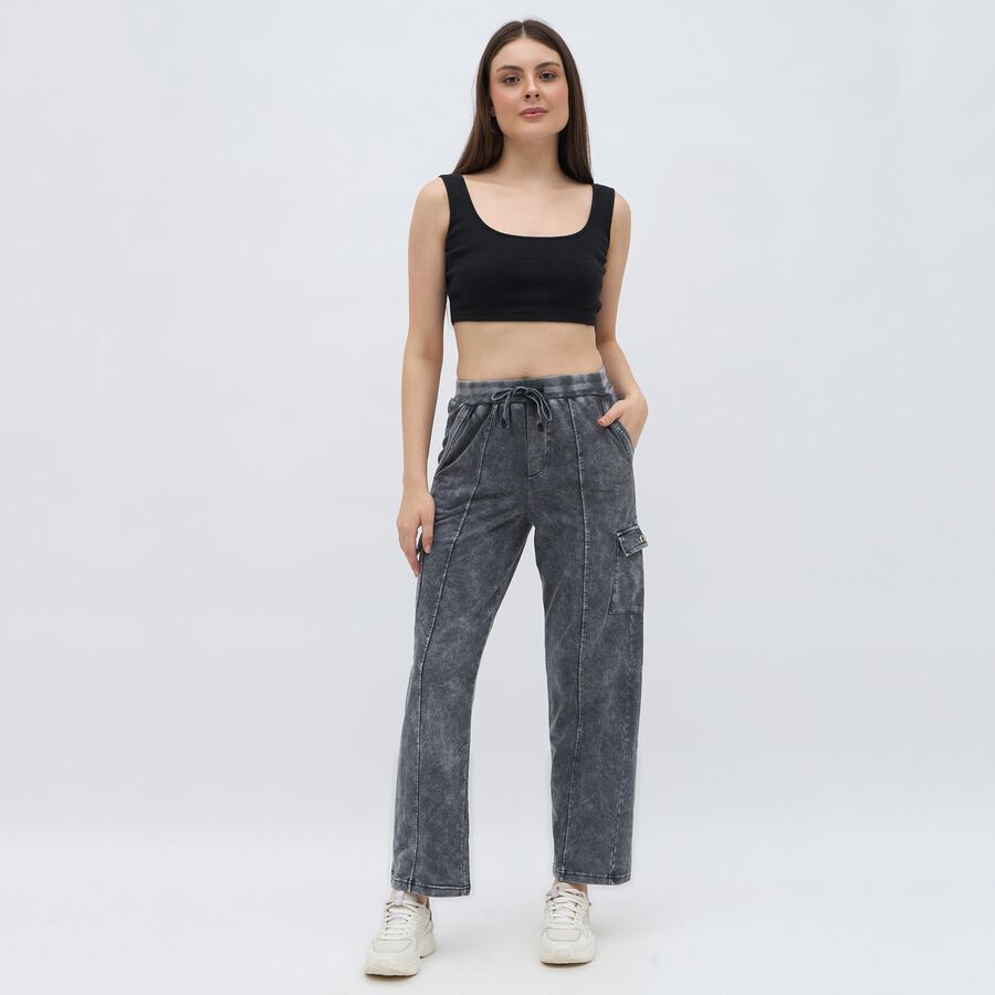 Women's Washed Graphite Grey Relaxed Fit Cargo Track Pants, Dark Grey, large image number null