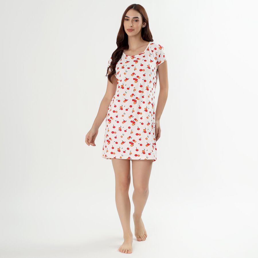 Women's Soft White Round Neck Casual Nighty, ऑफ व्हाइट, large