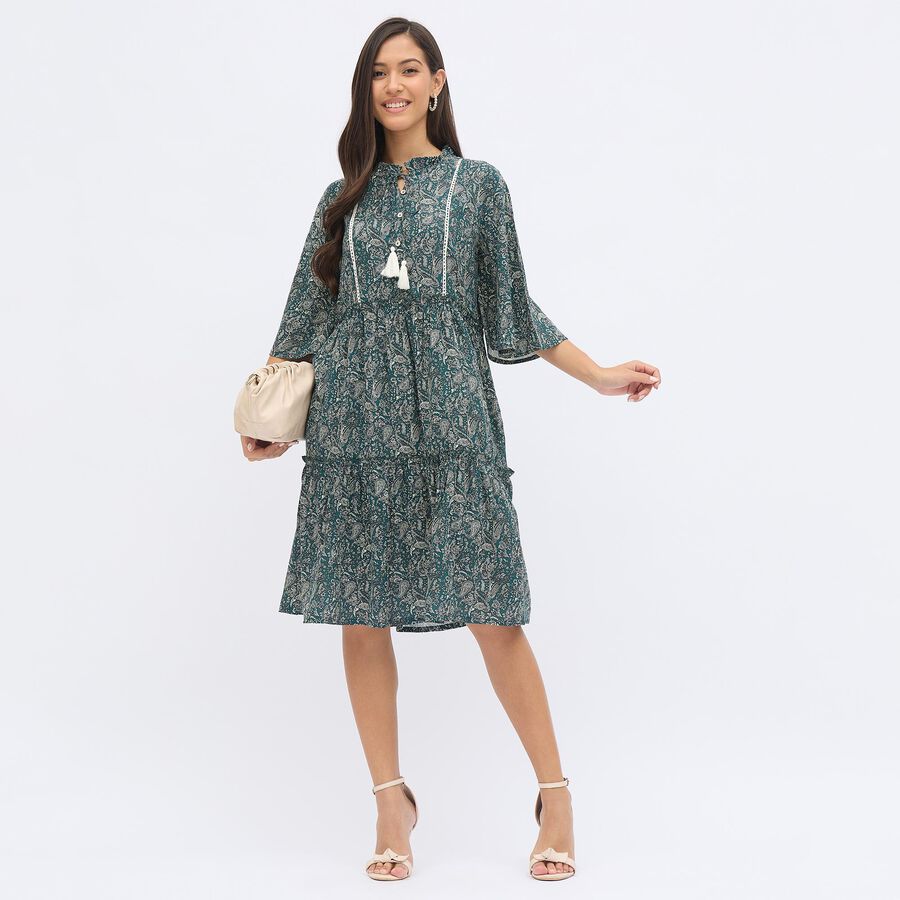 Women's Muted Forest Green Round Neck Bohemian Dress, Dark Green, large image number null