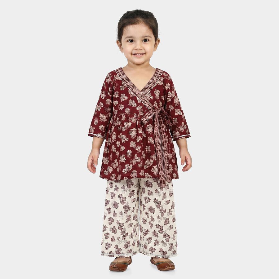 Girls Wine V Neck Fusion Set Upper and Bottom Set, वाइन, large