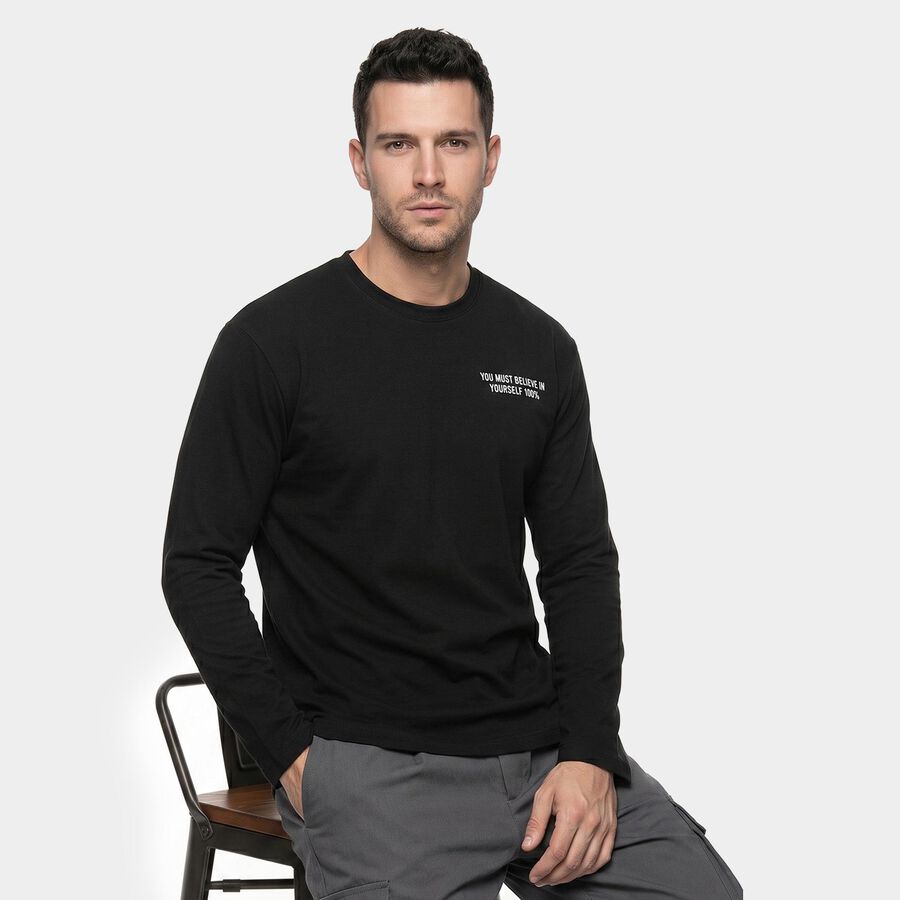 Men's Black Crew Neck Regular T-Shirt, Black, large