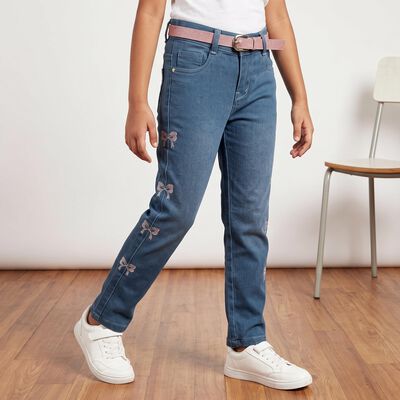 Girls' Light Blue Straight Fit Bow Jeans