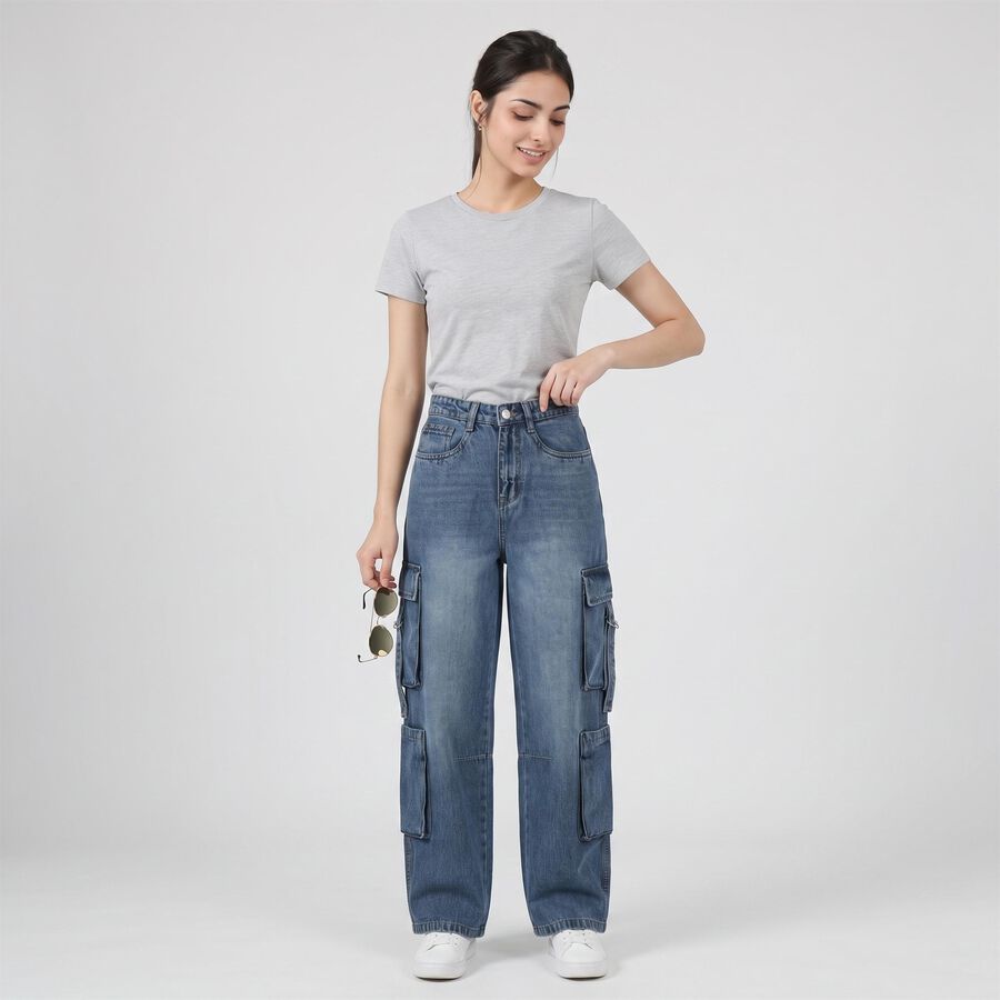 Women's Blue Cargo Fit Utility Jeans, मध्यम नीला, large