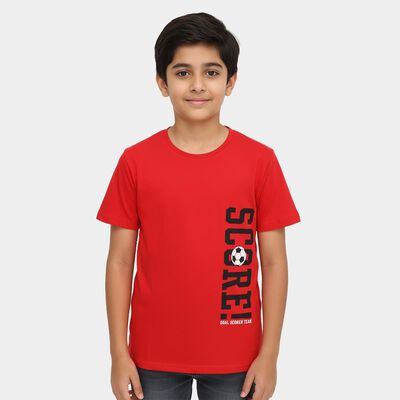 Boys Bright Cherry Red Round Neck Casual T-Shirt