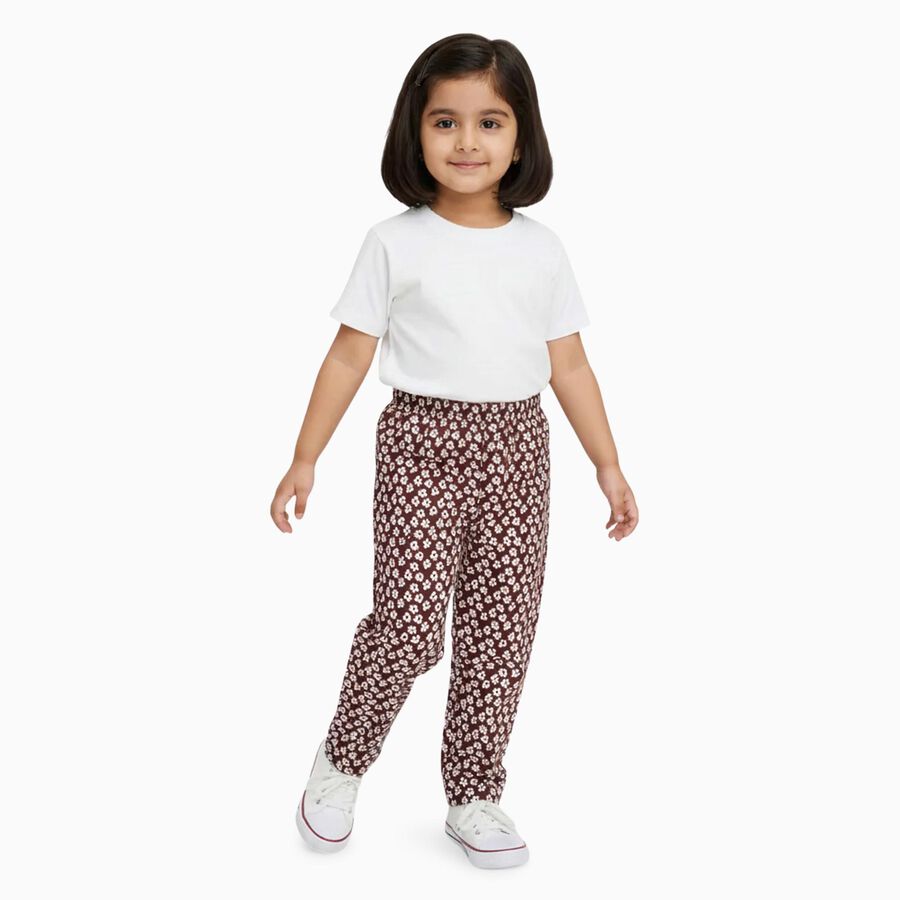 Girls' Dark Brown Floral Printed Cotton Blend Pyjama, भूरा, large image number null