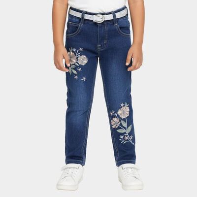 Girls' Deep Indigo Slim Fit Embroidered Jeans