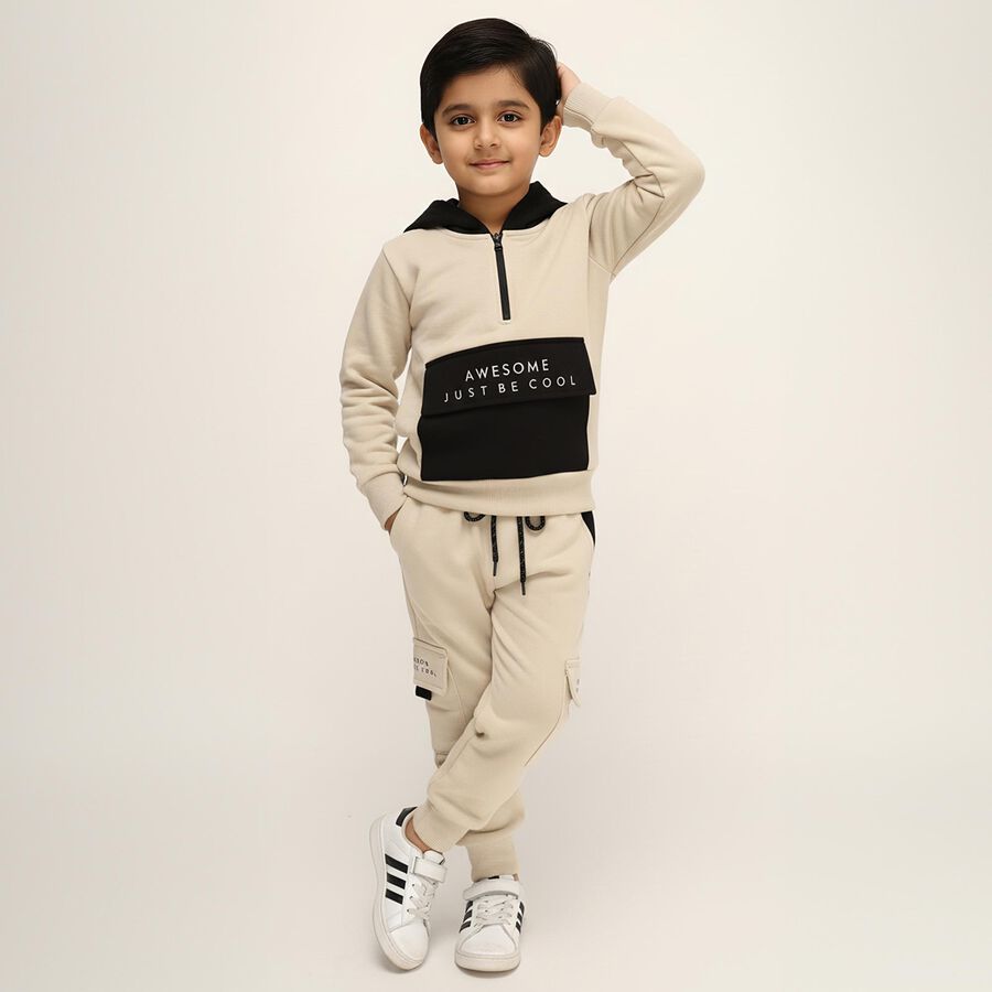 Boys' Beige Hooded Half-Zip Baba Suit, Beige, large image number null