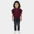 Girls' Wine Red Round Neck Ruffle Sleeve Floral T-Shirt, Wine, small