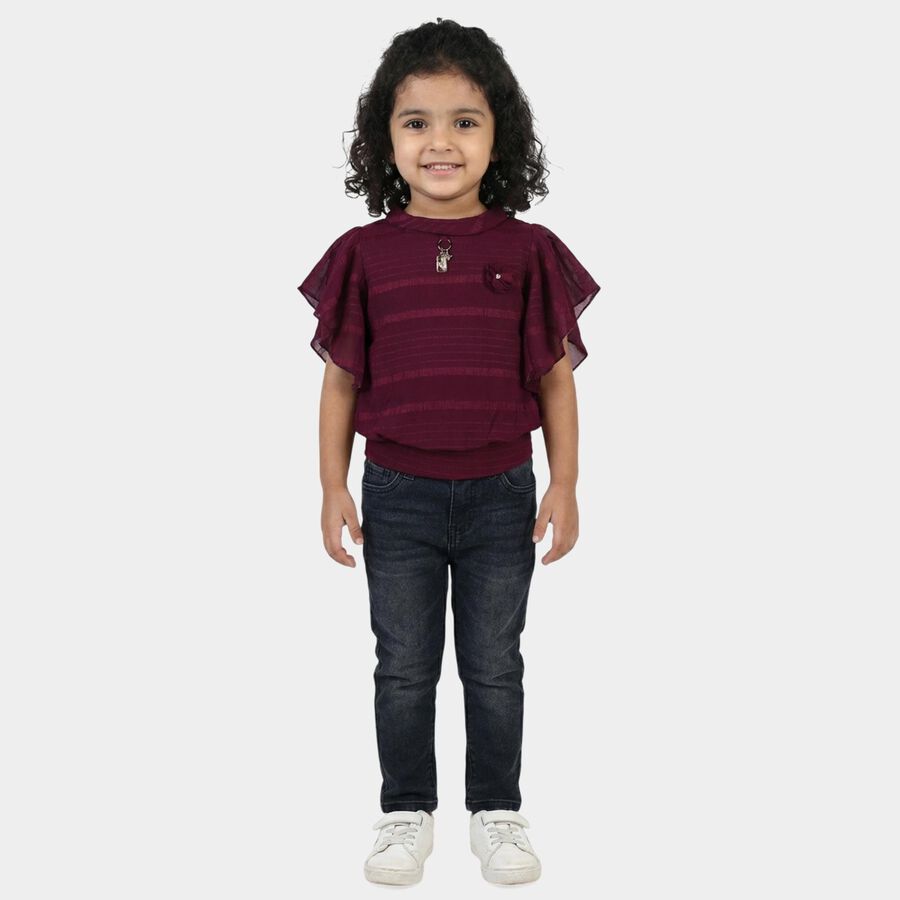 Girls' Wine Red Round Neck Ruffle Sleeve Floral T-Shirt, Wine, large