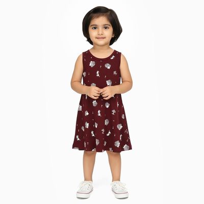 Girls' Maroon Printed Sleeveless A-Line Frock