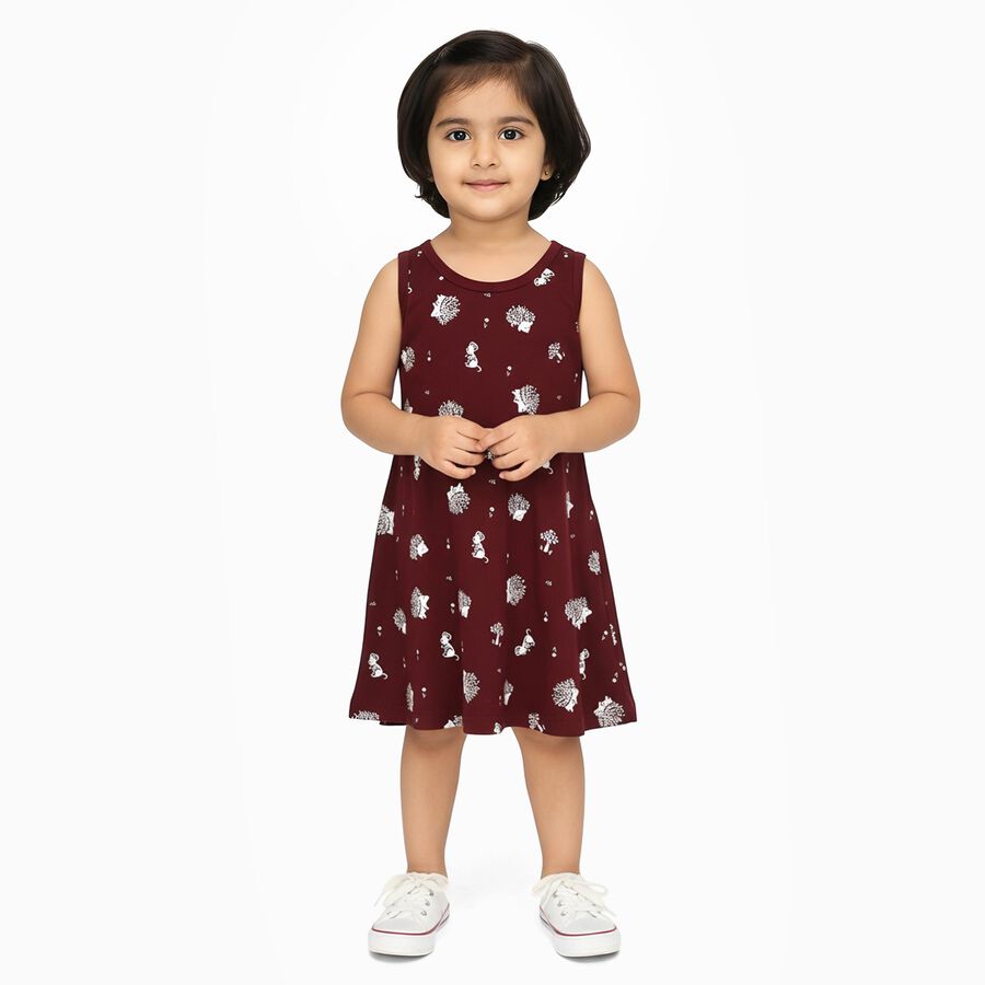 Girls' Maroon Printed Sleeveless A-Line Frock, Wine, large image number null