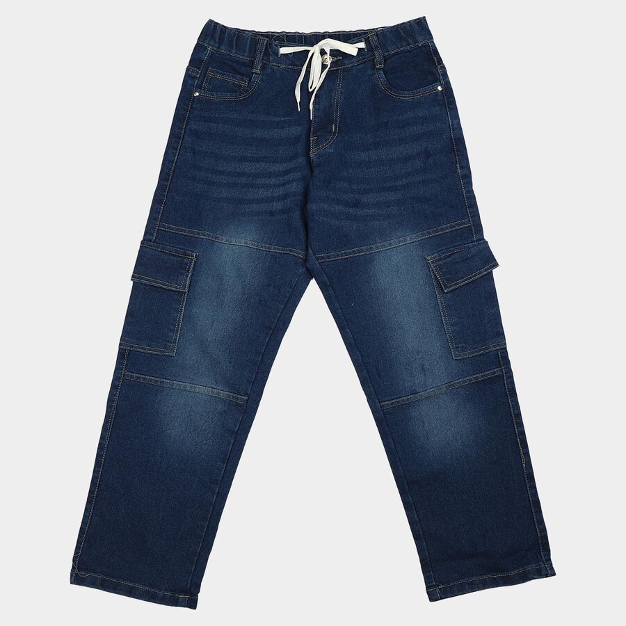 Boys' Navy Blue Relaxed Fit Cargo Style Jeans, गहरा नीला, large