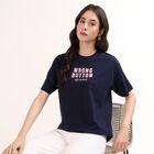 Women's Navy Blue Cotton Round Neck Casual T-Shirt, नेवी ब्लू, small