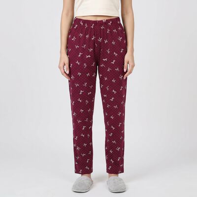 Women's Maroon Straight Fit Bow Printed Elastic Waist Pyjama