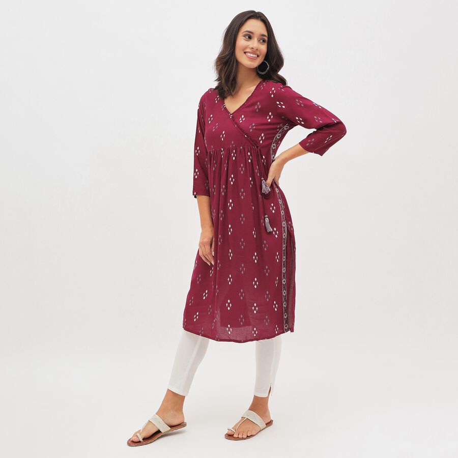 Women's Deep Burgundy V-Neck Printed Kurta, Wine, large image number null