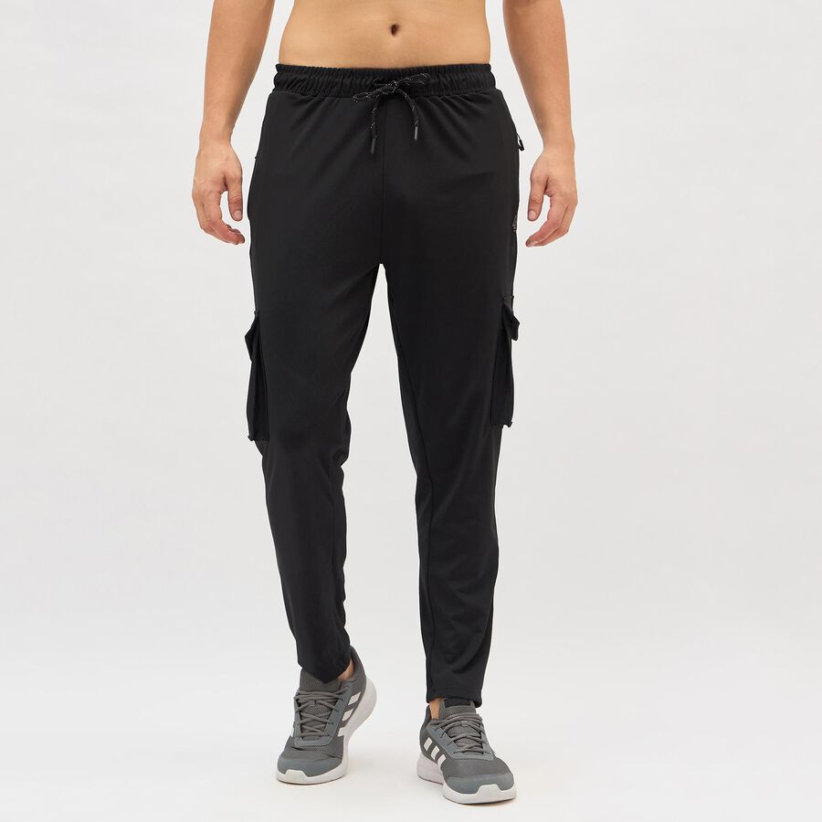 Men's Jet Black Regular Fit Cargo Track Pants, Black, large