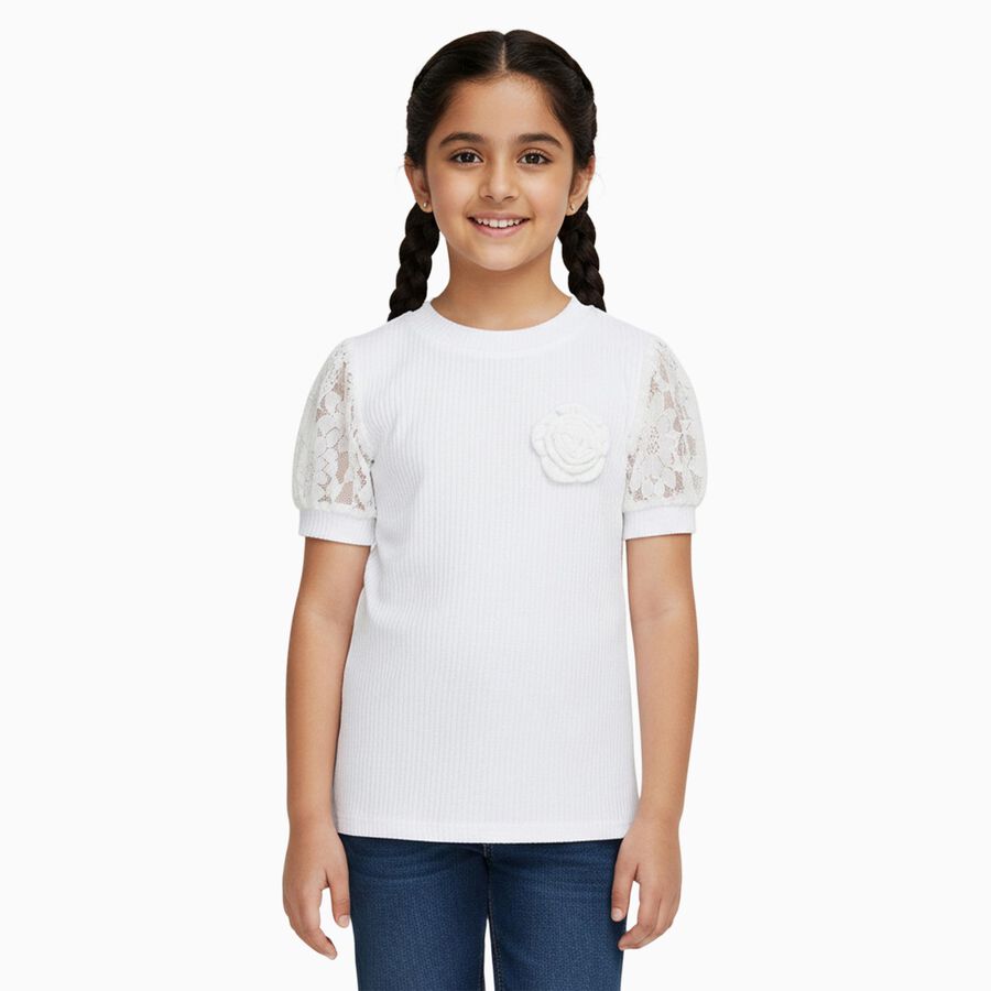 Girls Snow White Crew Neck Casual T-Shirt, सफ़ेद, large image number null