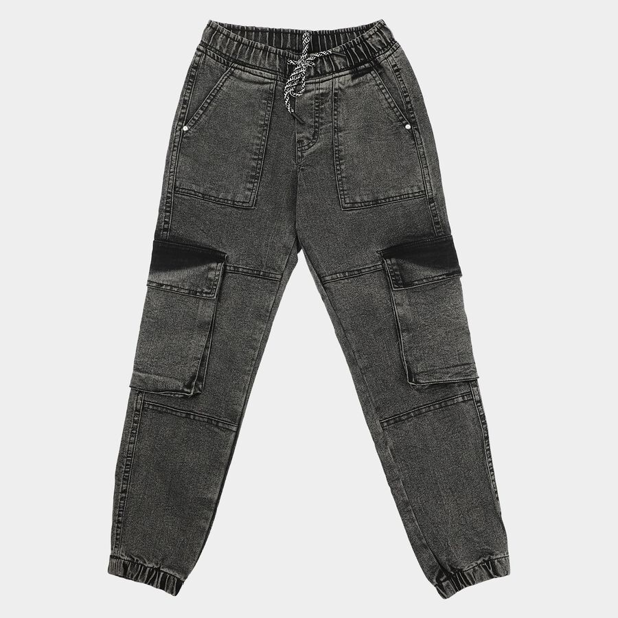 Boys' Black Cargo Fit Washed Jeans, काला, large