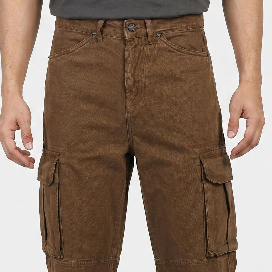 Men's Brown Relaxed Fit Cargo Jeans, Brown, large