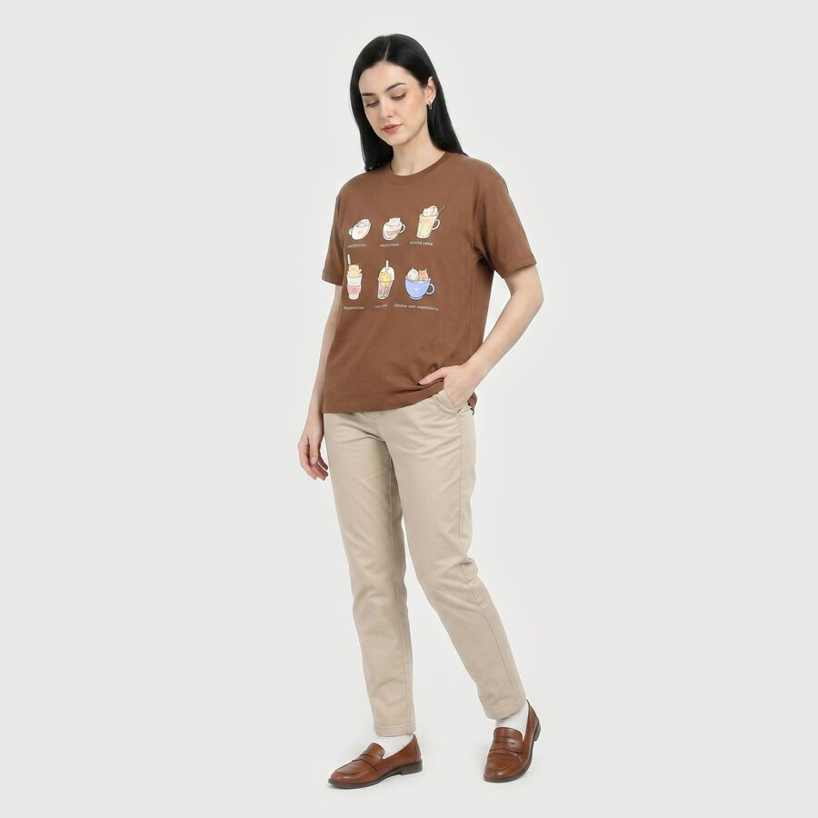 Women's Brown Cotton Round Neck Regular T-Shirt, Beige, large