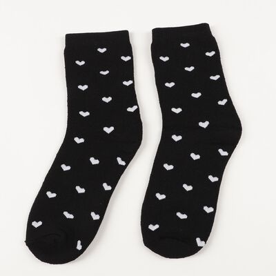 Women's Jet Black Regular Fit Heart Pattern Full-Length Socks