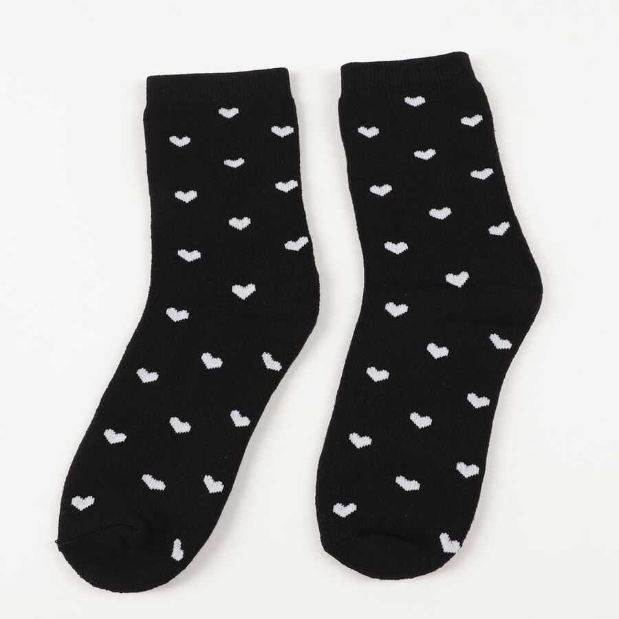 Women's Jet Black Regular Fit Heart Pattern Full-Length Socks, काला, large