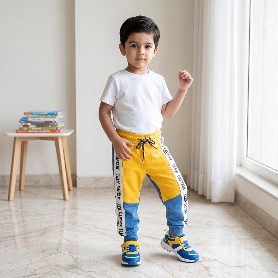 Boys' Yellow Jogger Fit Text Printed Cotton Blend Pyjama, पीला, large