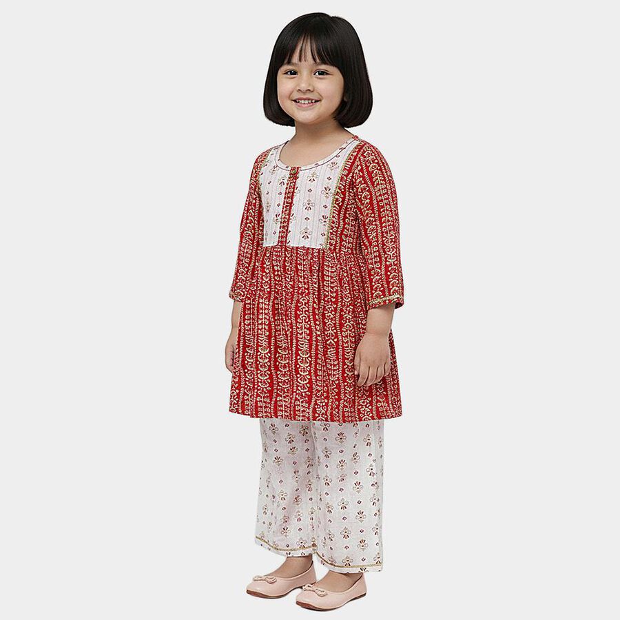 Girls' Fuchsia Round Neck Printed Kurta and Palazzo Fusion Set, Fuchsia, large