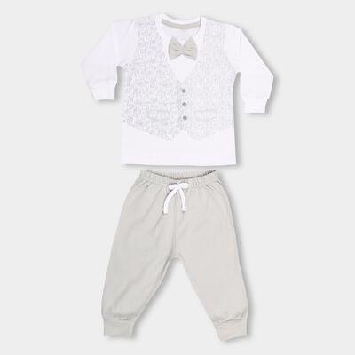 Infants' Light Grey Cotton Round Neck Solid Baba Suit