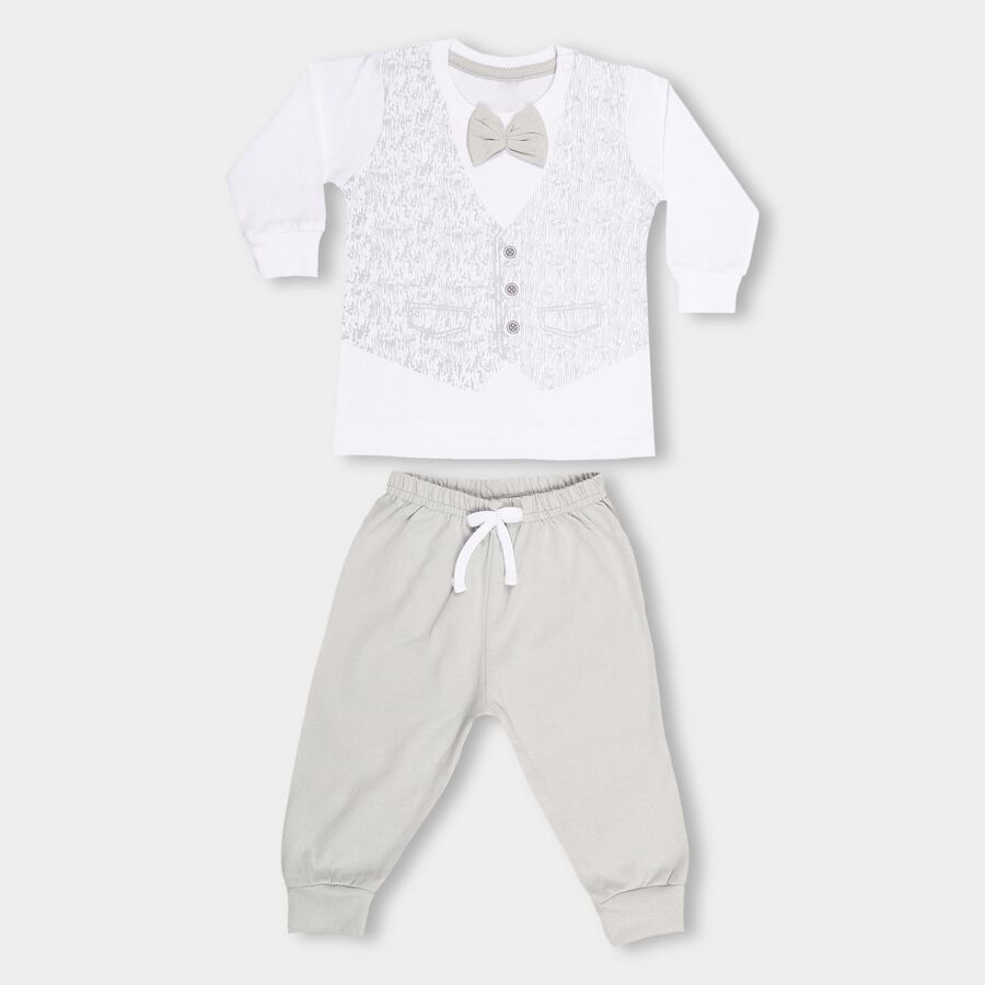 Infants' Light Grey Cotton Round Neck Solid Baba Suit, Light Grey, large image number null
