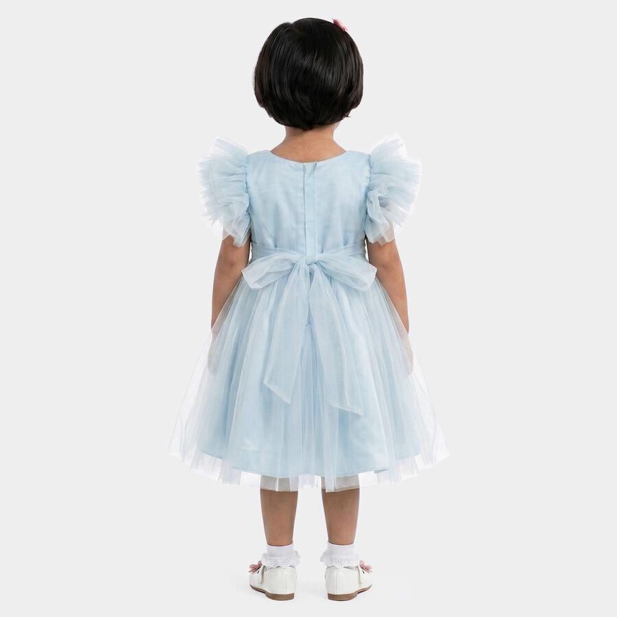 Girls' Light Blue Fit and Flare 3D Floral Applique Party Wear Frock, हल्का नीला, large