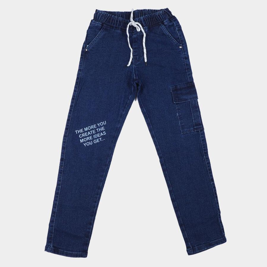 Boys' Blue Cargo Fit Printed Jeans, गहरा नीला, large
