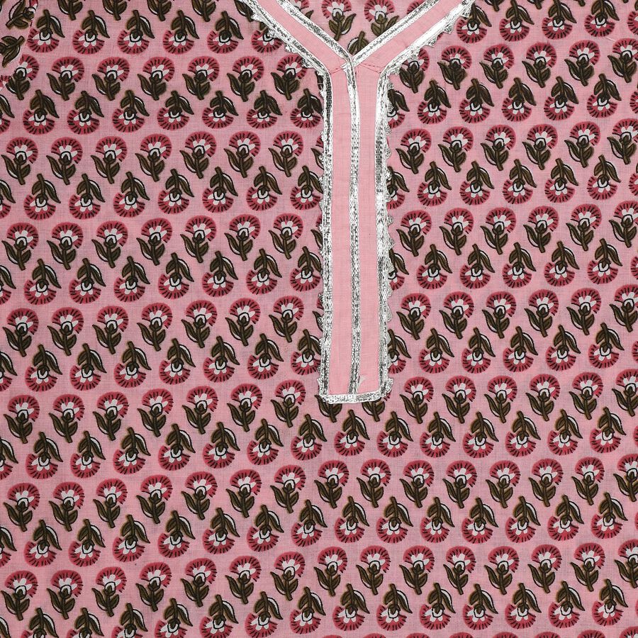 Girls' Light Pink Cotton Round Neck Floral Top and Tiered Skirt Fusion Set, Light Pink, large