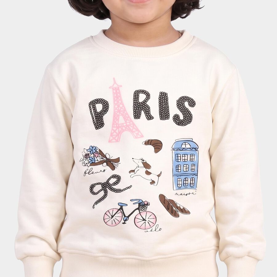 Girls' Off White Crew Neck Graphic Print Sweatshirt, ऑफ व्हाइट, large