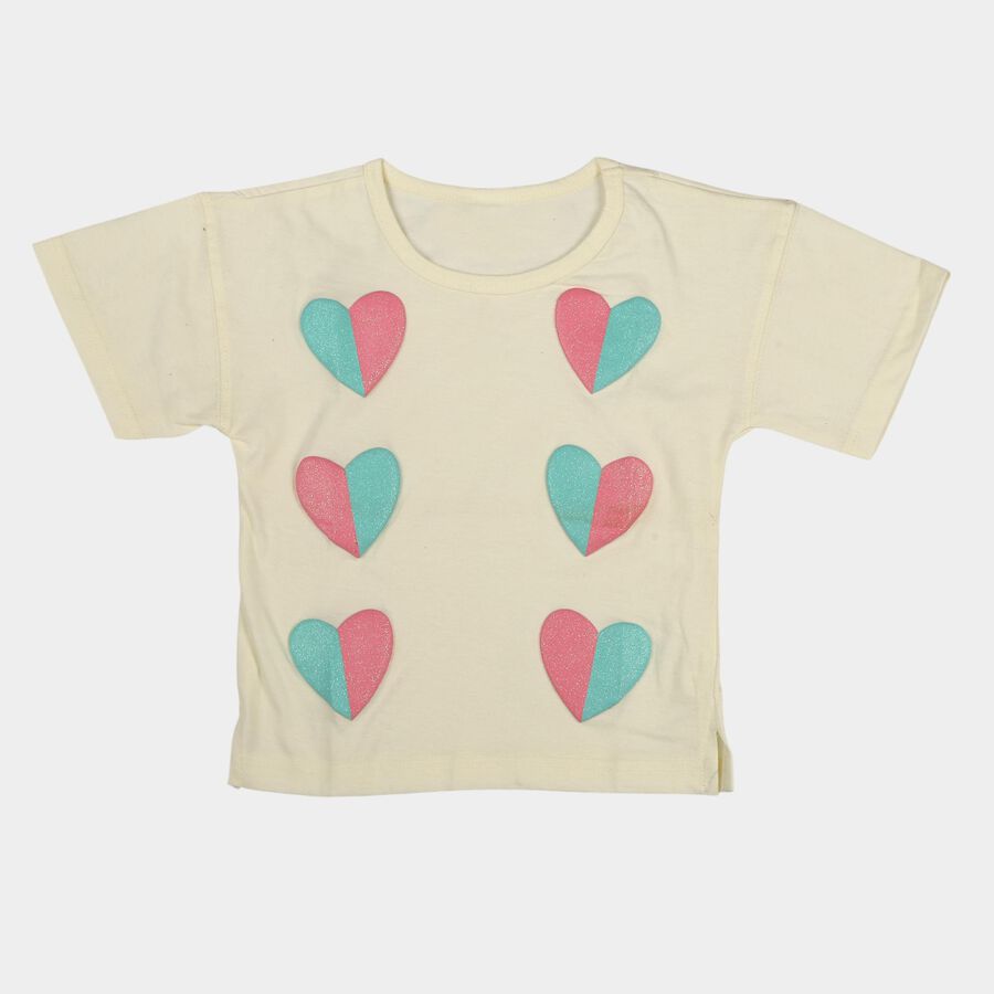 Girls White Cotton Round Neck Casual T-Shirt, White, large