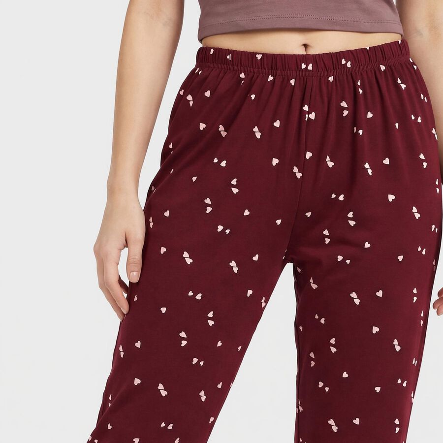 Women's Wine Straight Fit Heart Printed Lounge Pyjama, वाइन, large
