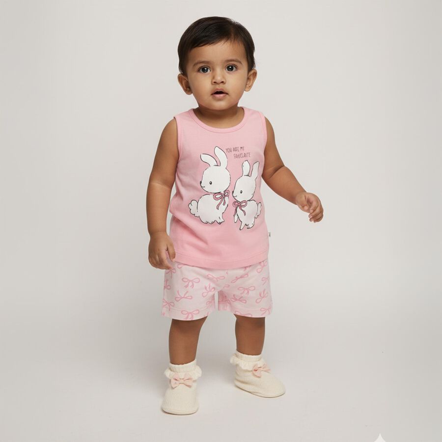 Infant Girl Soft Pink Cotton Sleeveless Casual Shorts Set, गुलाबी, large image number null