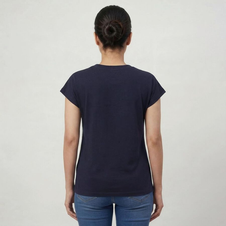 Women's Navy Blue Round Neck Casual T-Shirt, Navy Blue, large