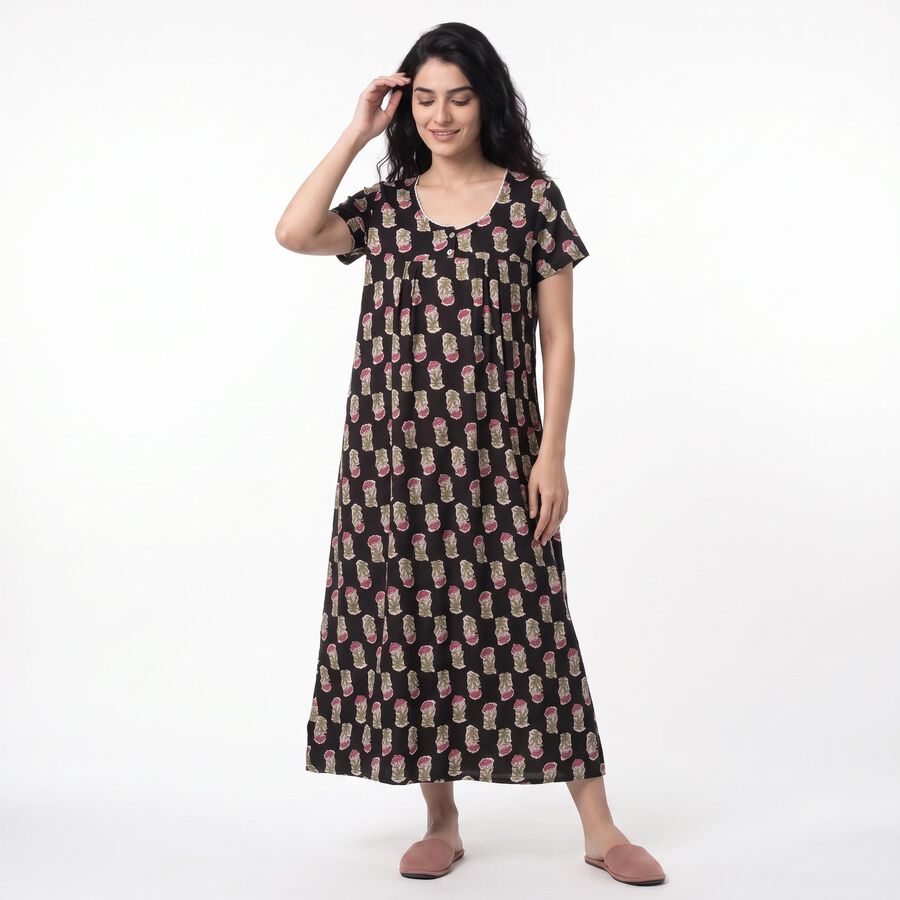 Women's Black Scoop Neck Maxi Nighty, काला, large