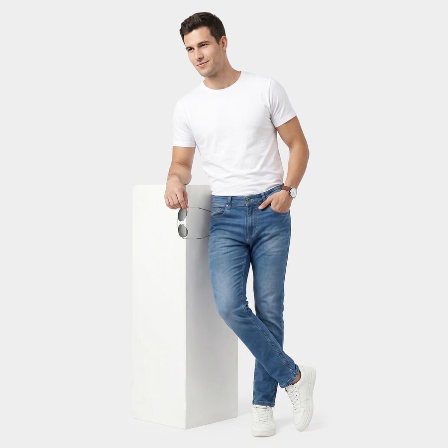 Men's Blue Straight Fit Stretchable Jeans, Mid Blue, large