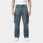 Men's Blue Straight Fit Washed Jeans, मध्यम नीला, small