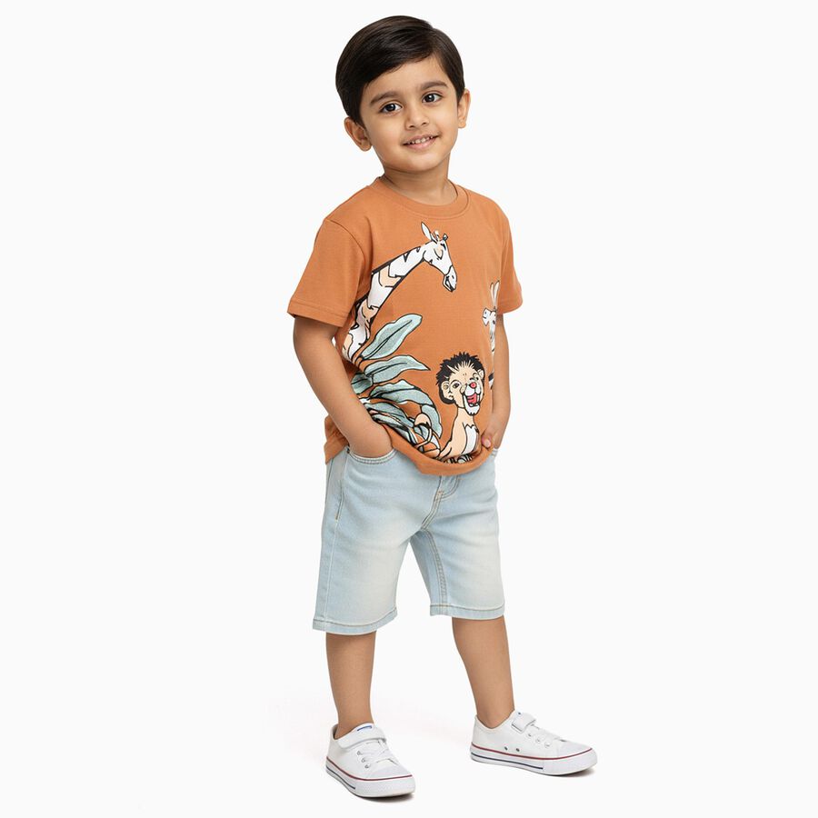 Boys Warm Terracotta Orange Cotton Round Neck Casual T-Shirt, Brown, large image number null